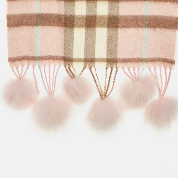 Pre Owned Burberry Pink Nova Check Cashmere Fox Fur Pom-Pom Scarf
