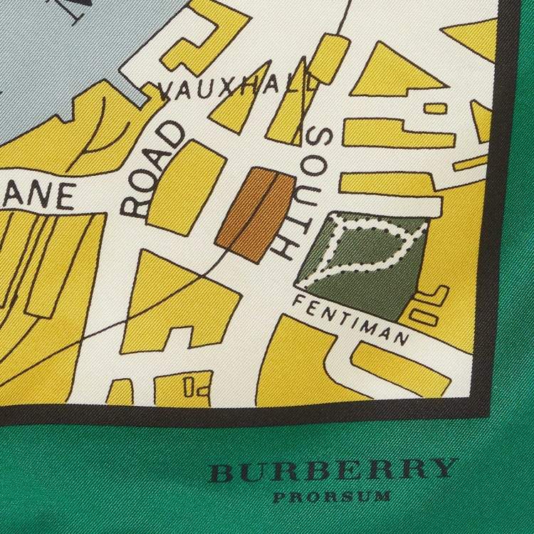 Pre Owned Burberry Green/Yellow Map Print Silk Square Scarf