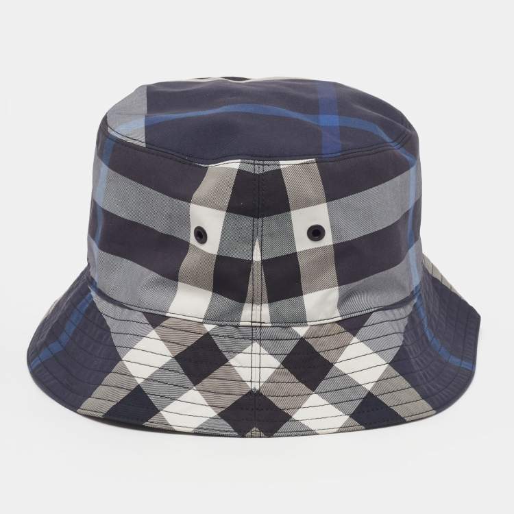 Pre Owned Burberry Blue Cotton Checked Bucket Hat L