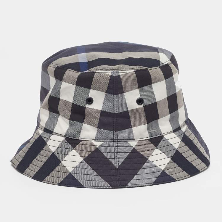 Pre Owned Burberry Blue Cotton Checked Bucket Hat L