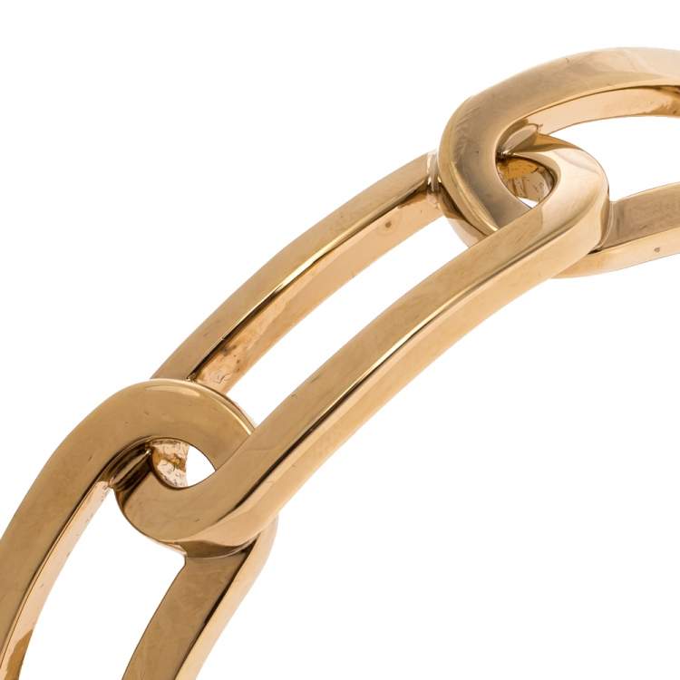 Pre Owned Burberry Chain Link Motif Gold Tone Open Cuff Bracelet L