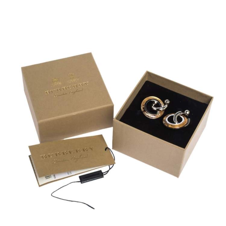 Pre Owned Burberry Caramel Marbled Resin Palladium Plated Double Grommet Earrings