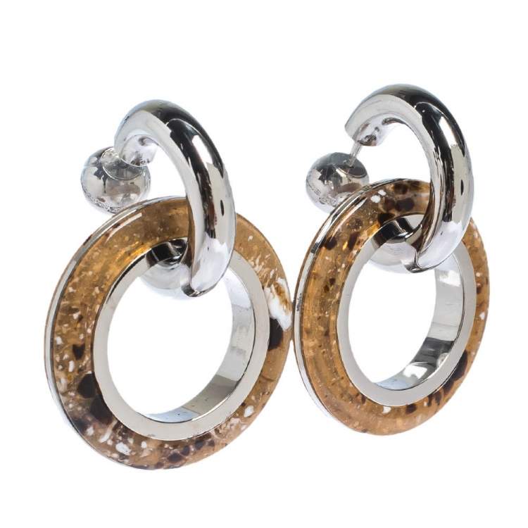 Pre Owned Burberry Caramel Marbled Resin Palladium Plated Double Grommet Earrings