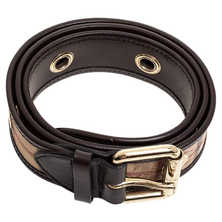 Pre Owned Burberry Brown Haymarket Check Coated Canvas and Leather Grommet Buckle Belt 90CM