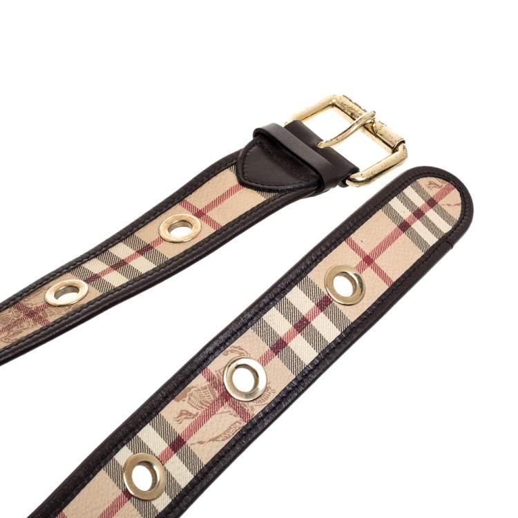 Pre Owned Burberry Brown Haymarket Check Coated Canvas and Leather Grommet Buckle Belt 90CM