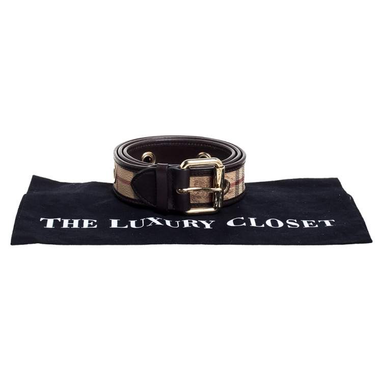 Pre Owned Burberry Brown Haymarket Check Coated Canvas and Leather Grommet Buckle Belt 90CM