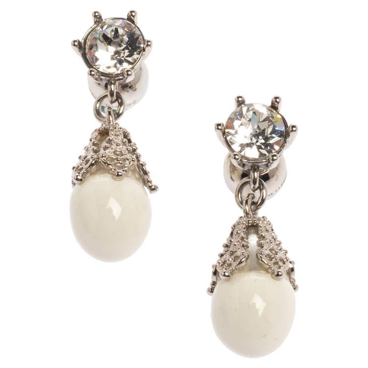 Pre Owned Burberry Palladium Plated White Faux Pearl Teardrop Earrings