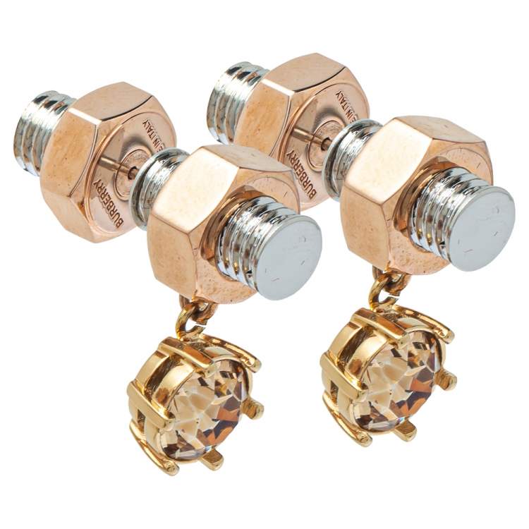 Burberry Two Tone Topaz Crystal Nut & Bolt Drop Earrings Burberry