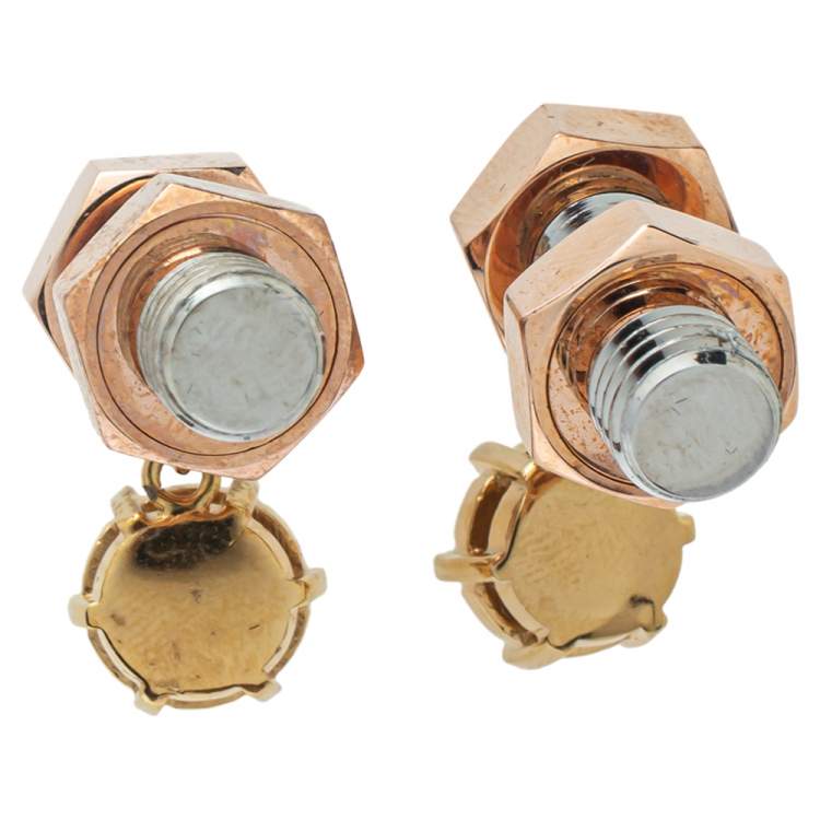 Pre Owned Burberry Two Tone Topaz Crystal Nut & Bolt Drop Earrings