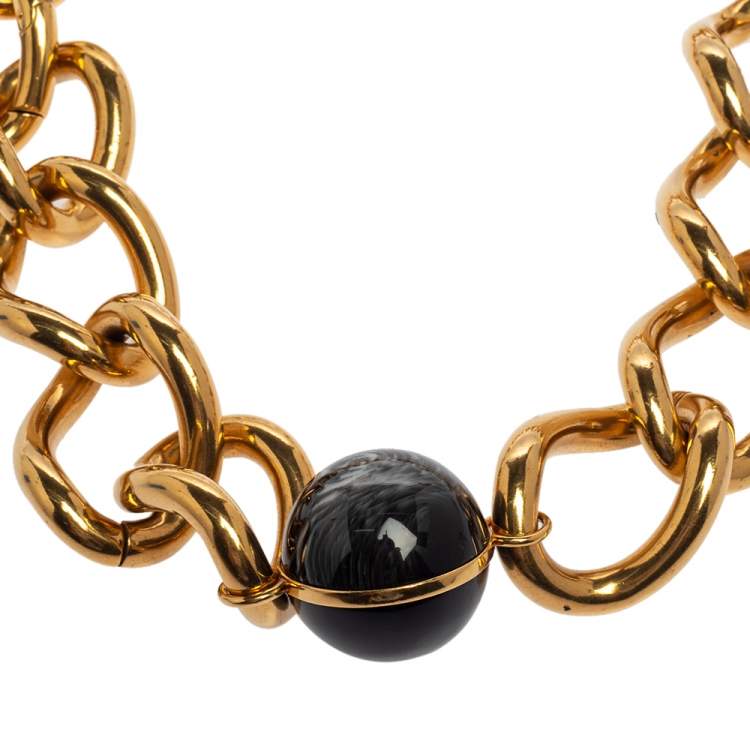 Pre Owned Burberry Marbled Resin Inset Charm Statement Necklace