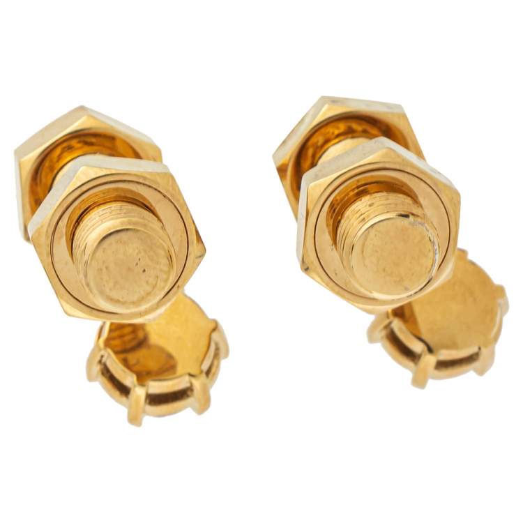 Pre Owned Burberry Gold Plated Leather Inlay Nut & Bolt Drop Earrings