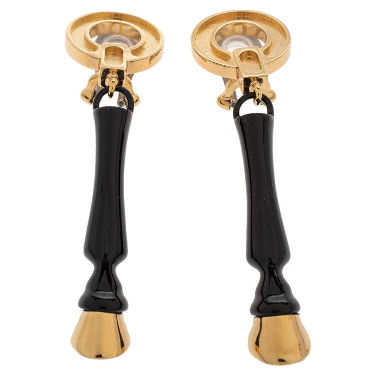 Pre Owned Burberry Light Gold Plated Black Hoof Drop Clip On Earrings