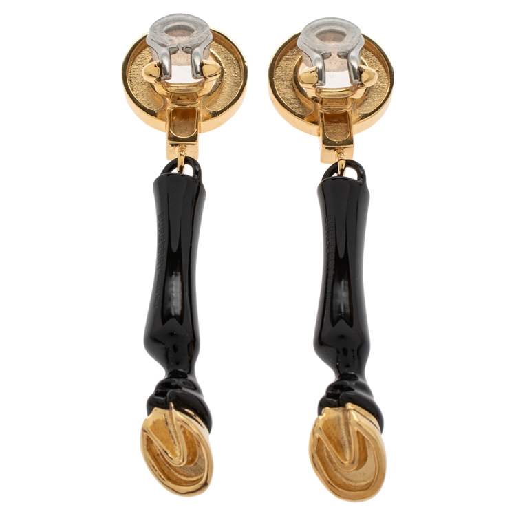 Pre Owned Burberry Light Gold Plated Black Hoof Drop Clip On Earrings