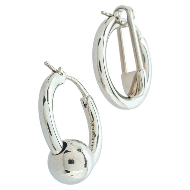 Pre Owned Burberry Palladium Plated Kilt Pin and Ball Charm Hoop Earrings