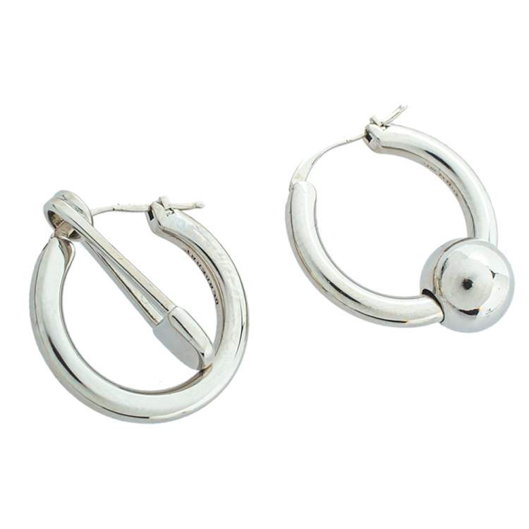 Pre Owned Burberry Palladium Plated Kilt Pin and Ball Charm Hoop Earrings