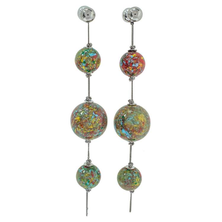 Pre Owned Burberry Palladium Plated Marbled Resin Ball Charm Graduated Earrings