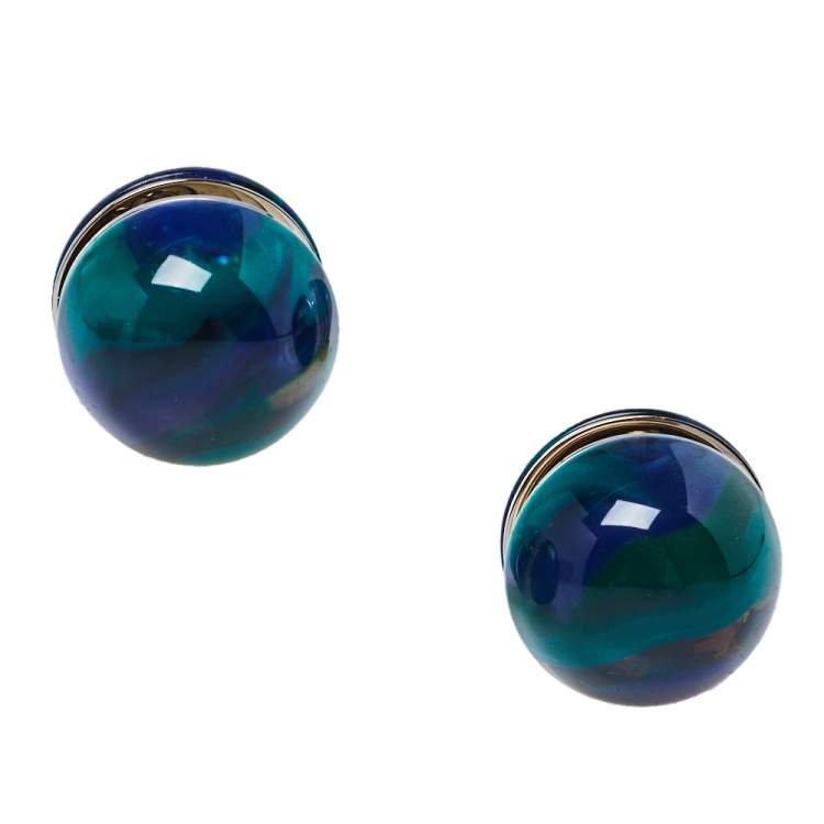 Pre Owned Burberry Green Marbled Resin Sphere Silver Tone Stud Earrings