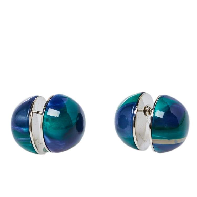 Pre Owned Burberry Green Marbled Resin Sphere Silver Tone Stud Earrings