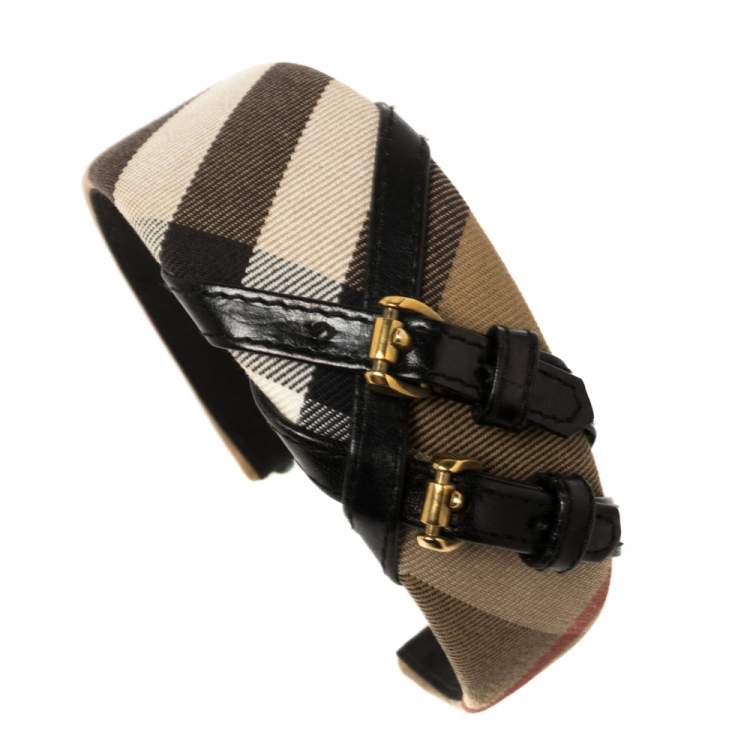 Pre Owned Burberry Beige House Check Canvas Leather Buckle Trim Headband