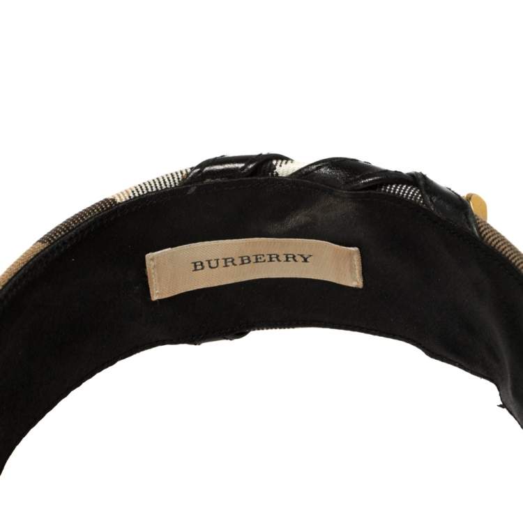 Pre Owned Burberry Beige House Check Canvas Leather Buckle Trim Headband
