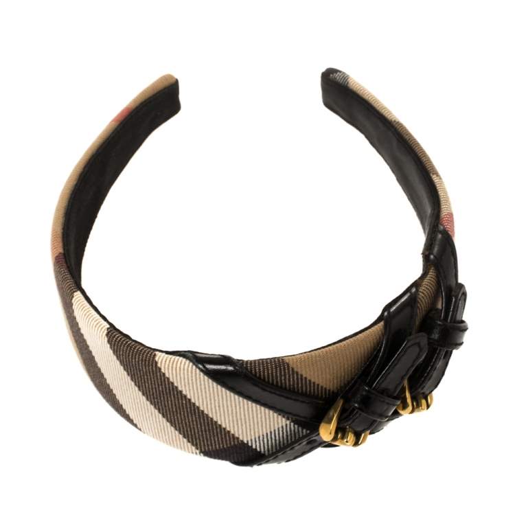 Pre Owned Burberry Beige House Check Canvas Leather Buckle Trim Headband