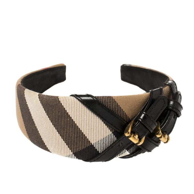 Pre Owned Burberry Beige House Check Canvas Leather Buckle Trim Headband