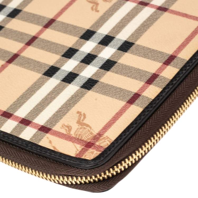 Pre Owned Burberry Beige/Brown Haymarket Check PVC and Leather Zip Around iPad Case