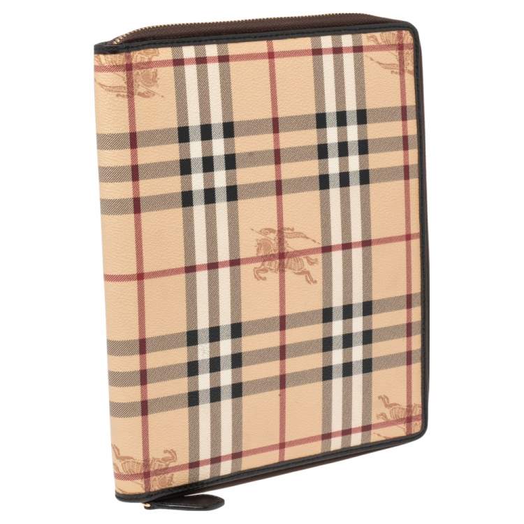 Pre Owned Burberry Beige/Brown Haymarket Check PVC and Leather Zip Around iPad Case