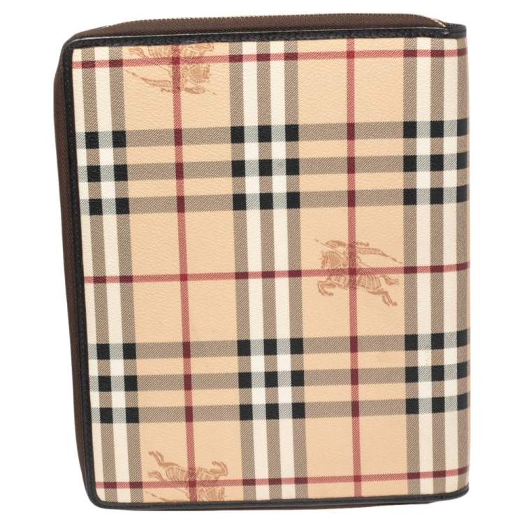 Pre Owned Burberry Beige/Brown Haymarket Check PVC and Leather Zip Around iPad Case