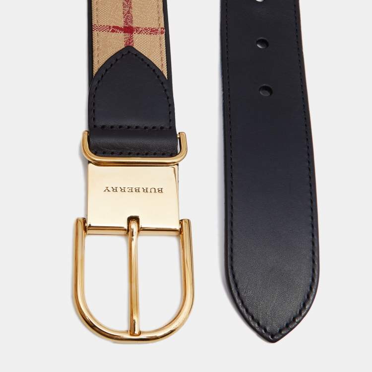 Burberry Black/Beige Housecheck Canvas and Leather Square Logo Buckle Belt  85CM Burberry