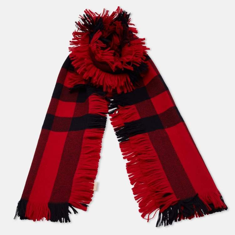 Burberry & Red Half Check Fringed Scarf Burberry | TLC
