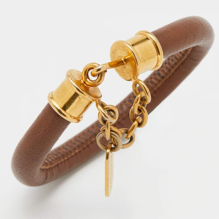 Pre Owned Burberry Brown Leather Gold Tone Bracelet 