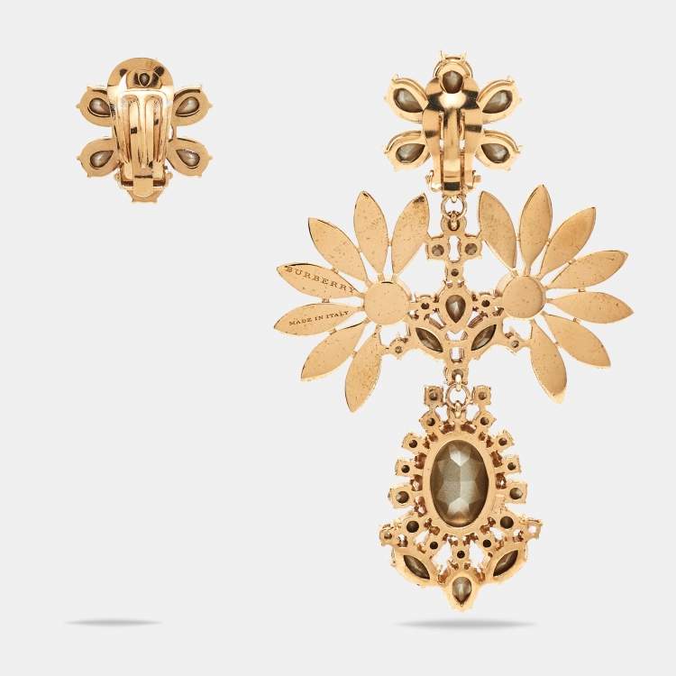 Pre Owned Burberry Pink Floral Crystal Asymmetric Clip-on Earrings
