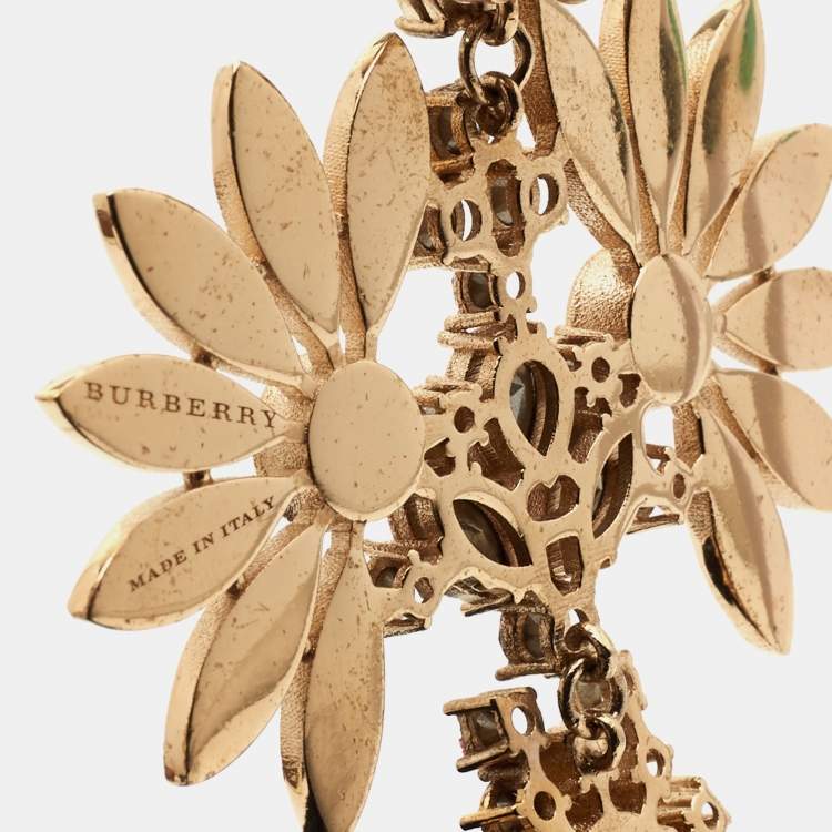 Pre Owned Burberry Pink Floral Crystal Asymmetric Clip-on Earrings