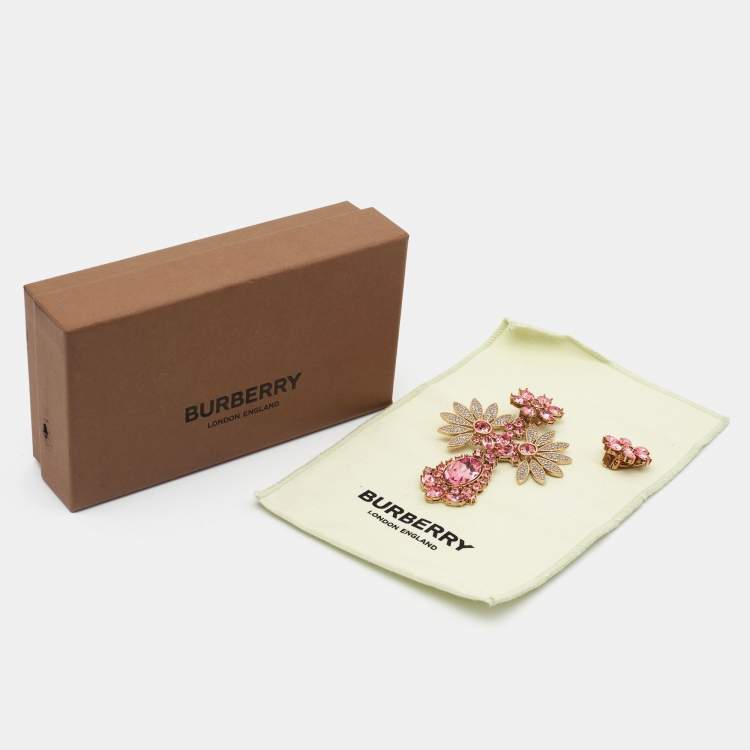Pre Owned Burberry Pink Floral Crystal Asymmetric Clip-on Earrings