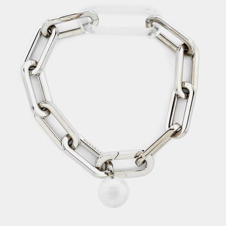 Pre Owned Burberry Palladium Plated Chain Link Glass Ball Charm Bracelet