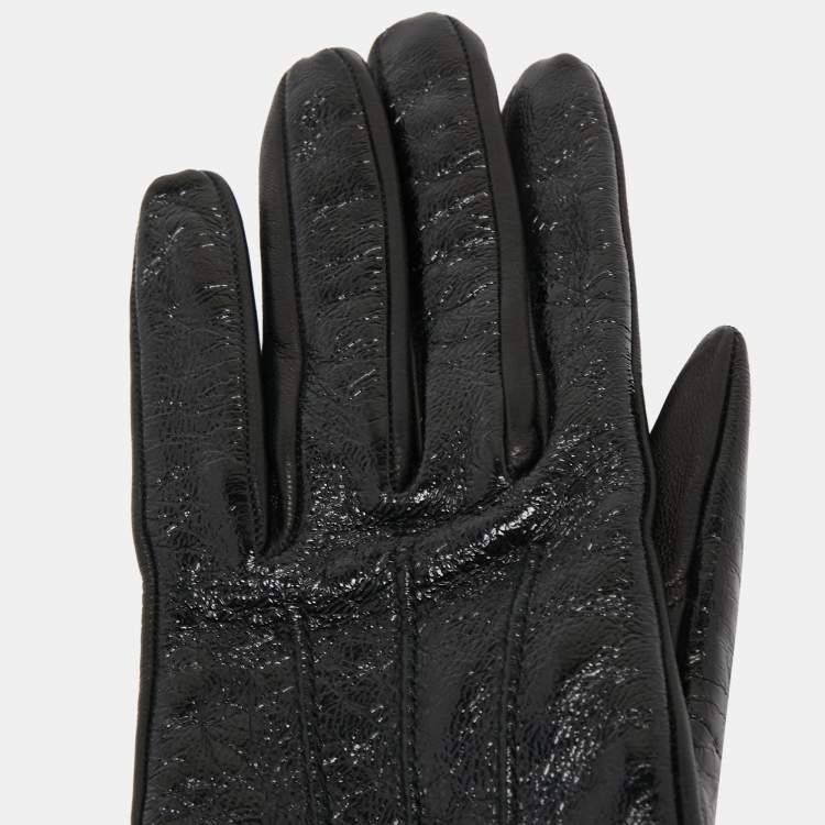 Pre Owned Burberry Black Quilted Glossy Leather Buckle Gloves 