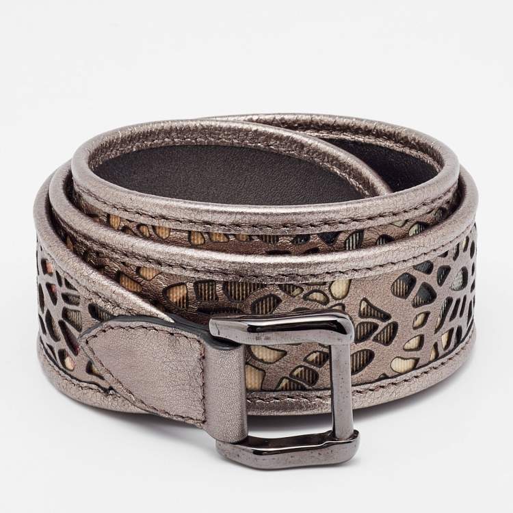 Pre Owned Burberry Multicolor Laser Cut Leather and Nova Check Coated Canvas Belt 95CM