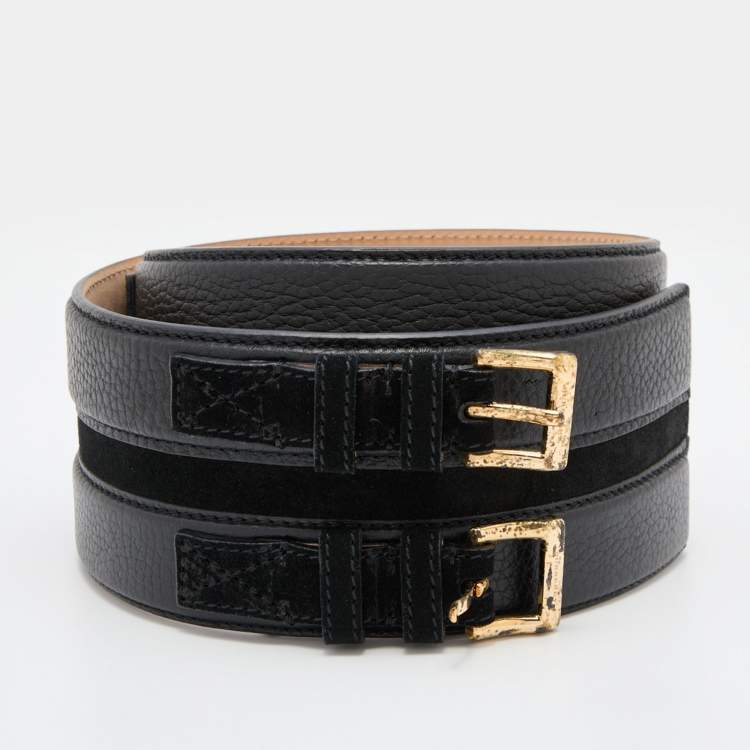 Pre Owned Burberry Black Leather Double Buckle Belt 75CM