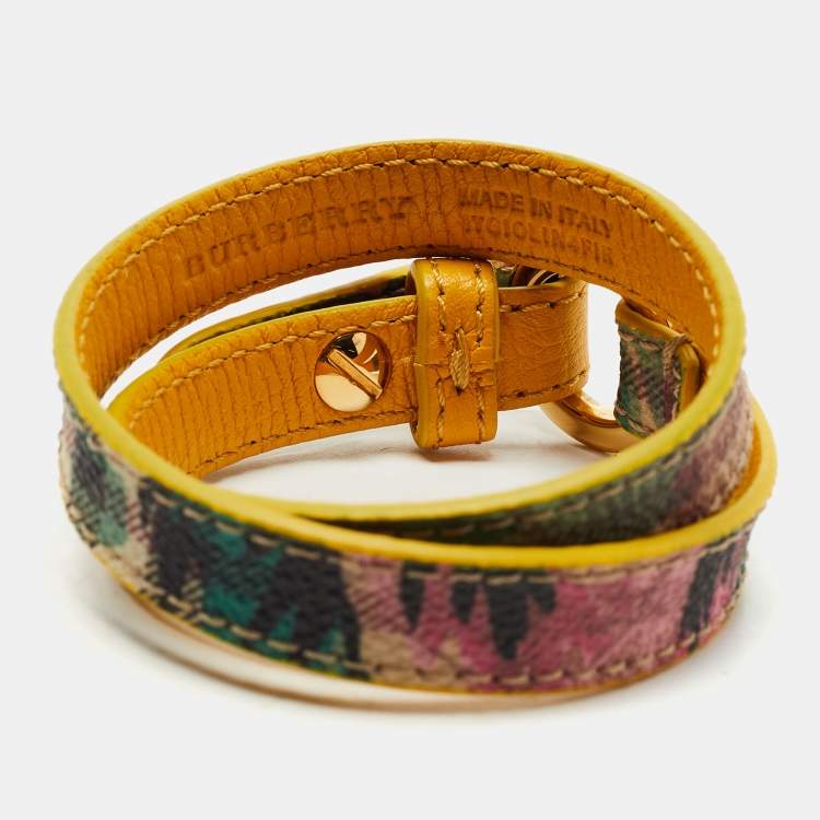 Pre Owned Burberry Mustard/Beige Tartan Check Coated Canvas and Leather Double Wrap Bracelet