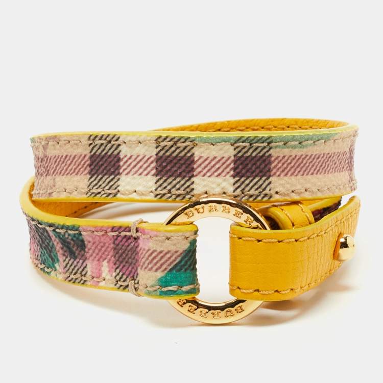 Pre Owned Burberry Mustard/Beige Tartan Check Coated Canvas and Leather Double Wrap Bracelet