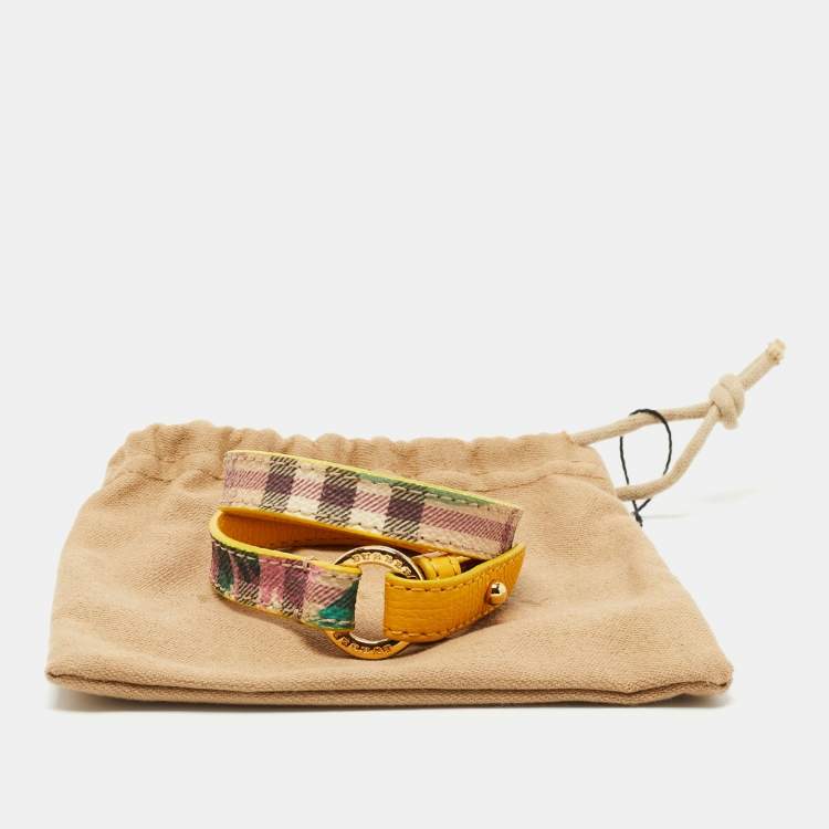 Pre Owned Burberry Mustard/Beige Tartan Check Coated Canvas and Leather Double Wrap Bracelet