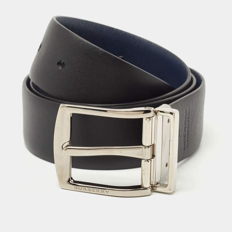 Pre Owned Burberry Blue/Black Leather Reversible Buckle Belt 80CM