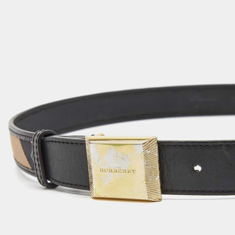 Burberry Black/Beige Housecheck Canvas and Leather Square Logo Buckle Belt  85CM Burberry