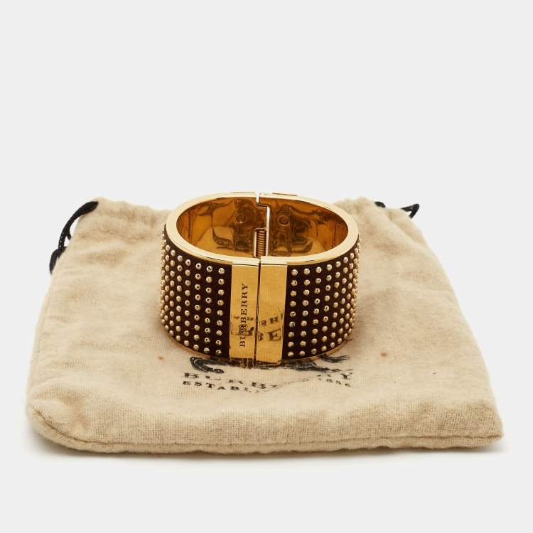 Pre Owned Burberry Studded Suede Gold Tone Bracelet