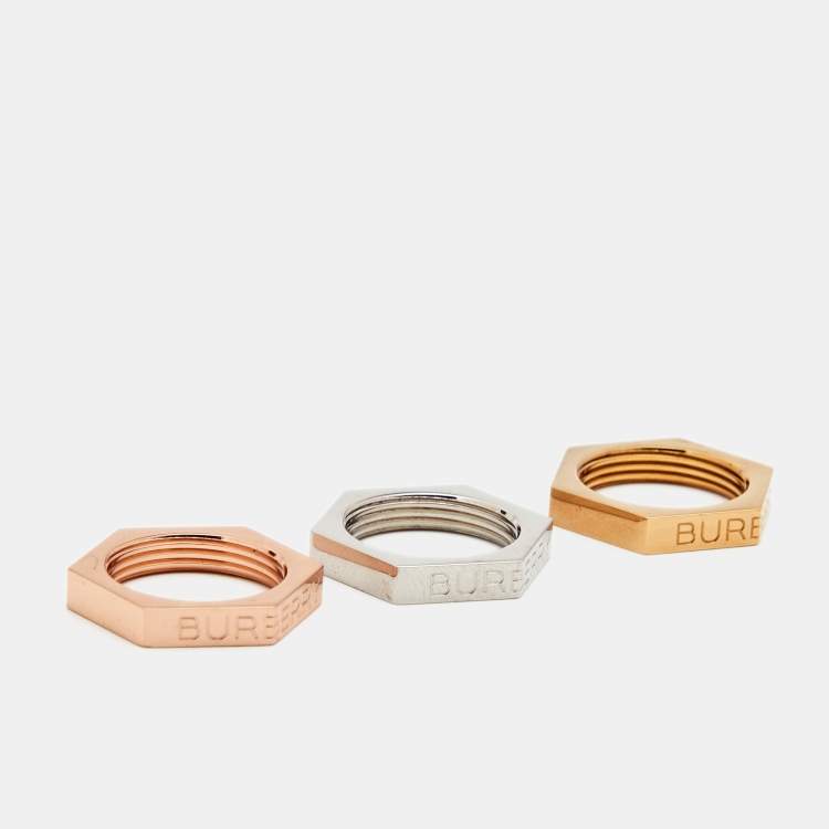 Pre Owned Burberry Bolt Three Tone Metal Ring Set Size 52