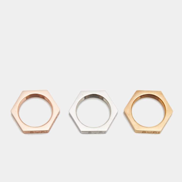 Pre Owned Burberry Bolt Three Tone Metal Ring Set Size 52