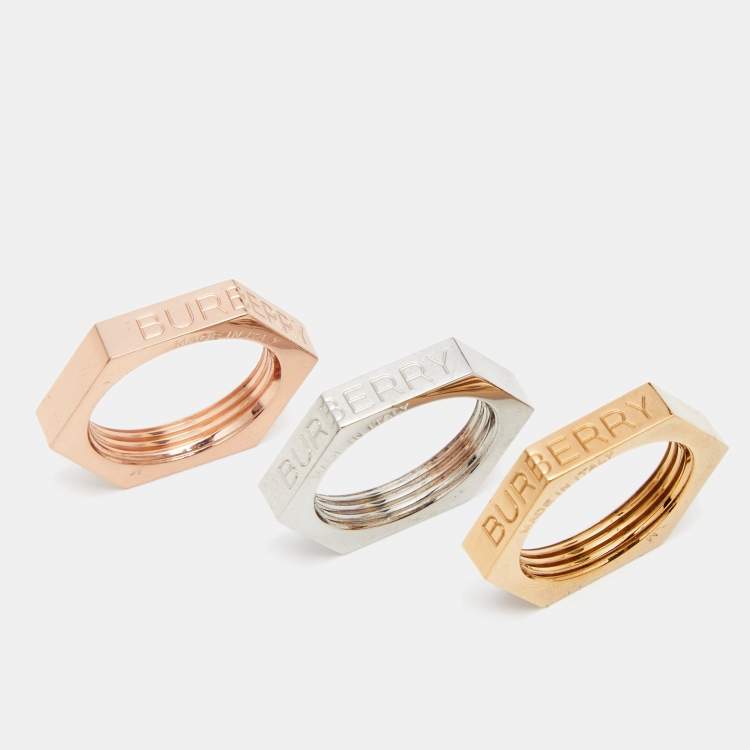 Pre Owned Burberry Bolt Three Tone Metal Ring Set Size 52