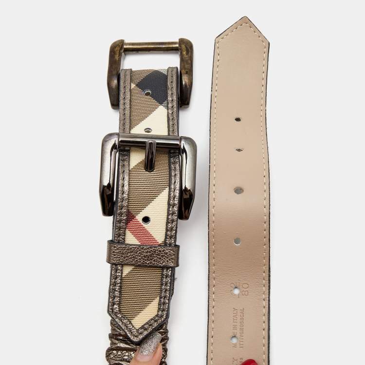 Pre Owned Burberry Metallic/Beige Nova Check Coated Canvas and Leather Double Buckle Belt 80CM