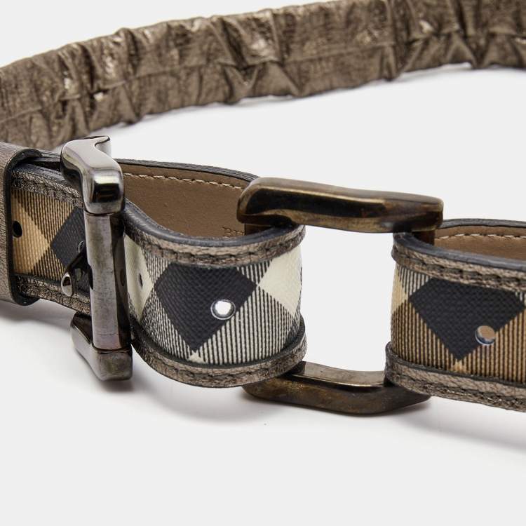 Pre Owned Burberry Metallic/Beige Nova Check Coated Canvas and Leather Double Buckle Belt 80CM